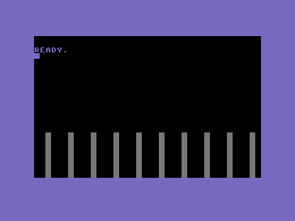A black C64 screen with a row of ten evenly-spaced grey towers across the bottom.