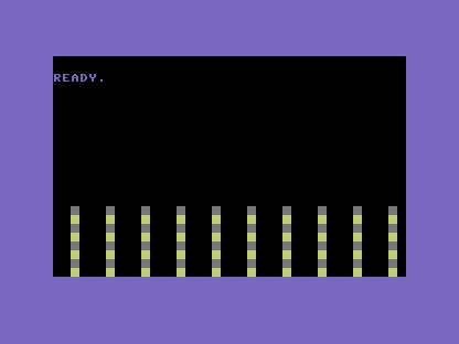 A black C64 screen with a row of towers whose cells alternate grey and yellow up each tower, reading as lit windows.