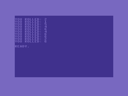 A C64 screen listing ten rolls: YOU ROLLED: 2, YOU ROLLED: 1, YOU ROLLED: 5, and so on.