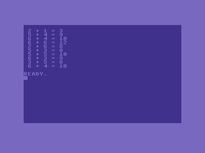 A C64 screen listing ten two-dice rolls as sums: 2 + 1 = 3, 5 + 4 = 9, 6 + 4 = 10, and so on, clustering around 8 to 10.