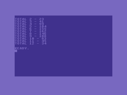 A C64 screen listing tallies for totals 2 to 12 after 1000 rolls: TOTAL 2 - 23 up through TOTAL 7 - 162 and back down to TOTAL 12 - 34, a clear hump in the middle.