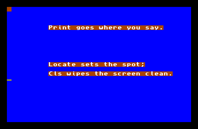A blue AMOS screen with three separate lines of text placed at different heights, each on a short orange strip.