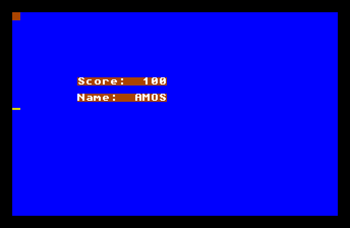 A blue AMOS screen showing 'Score: 100' and 'Name: AMOS' on two lines.