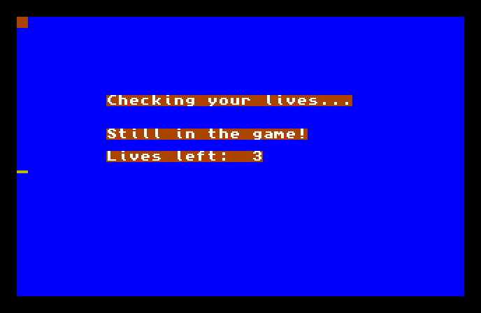 A blue AMOS screen reading 'Checking your lives...', then 'Still in the game!' and 'Lives left: 3'.