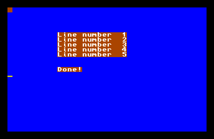 A blue AMOS screen listing 'Line number 1' through 'Line number 5', then 'Done!' below.