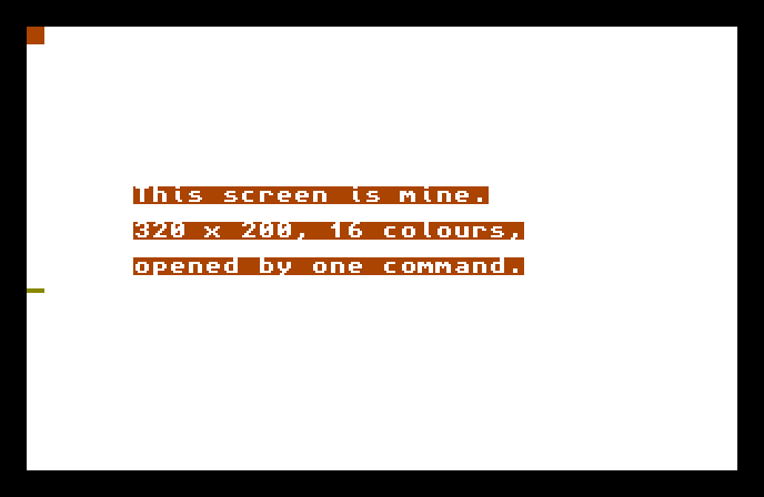 A clean white AMOS screen with three lines of text describing it as a 320 by 200, 16-colour screen.