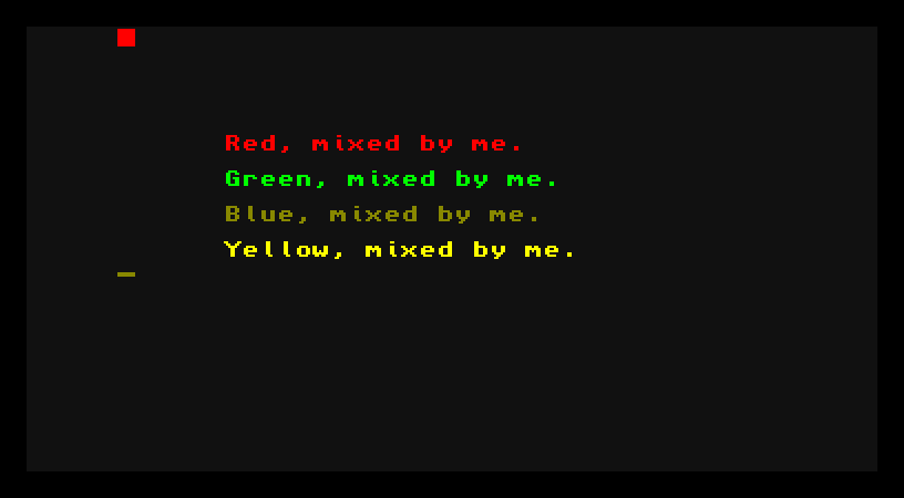 Four lines of text on a near-black screen, each a different colour: red, green, blue, and yellow.