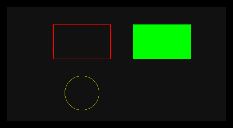 A near-black screen with a red outlined rectangle, a solid green rectangle, a yellow circle outline, and a blue horizontal line.