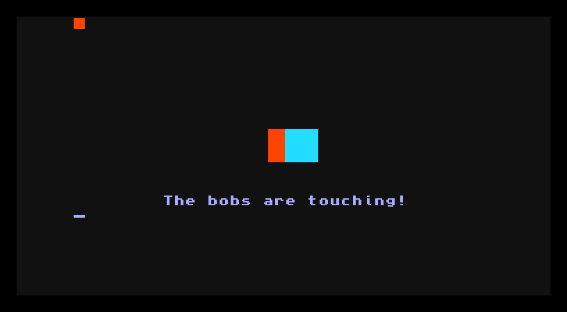 A near-black screen with an orange bob and a cyan bob overlapping in the centre, and the words 'The bobs are touching!' below.