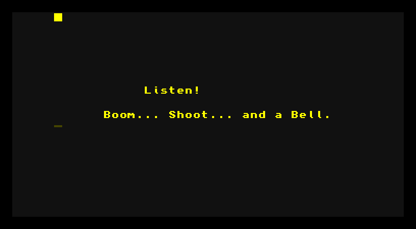 A near-black AMOS screen with yellow text reading 'Listen!' and 'Boom... Shoot... and a Bell.'