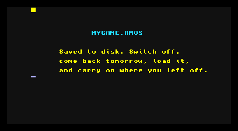 A near-black AMOS screen showing the filename 'MYGAME.AMOS' in blue, with yellow text below explaining the program was saved to disk.