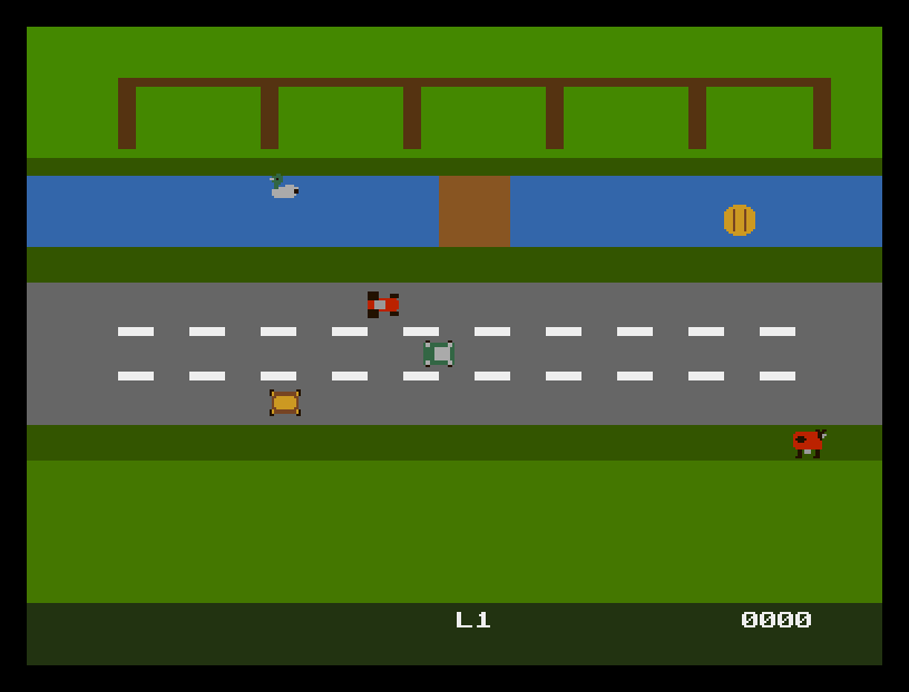 Flock's loss state on the Amiga: the flock strip empty, no sheep on the field, the water and road running on under the lament.
