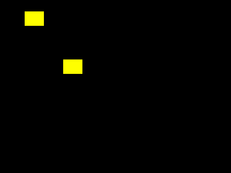 A black screen with two yellow rectangles: one at the top-left, one lower and to the right.