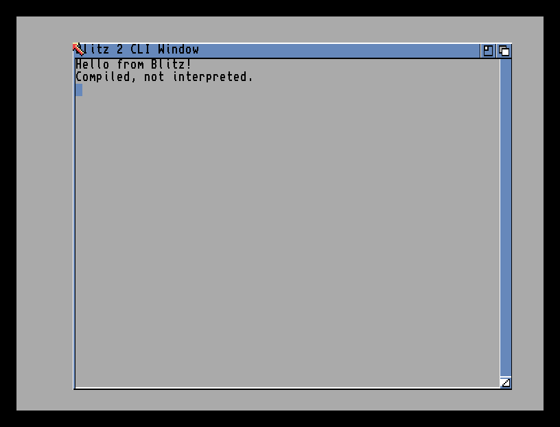 A Blitz 2 CLI window showing the text 'Hello from Blitz!' and 'Compiled, not interpreted.'