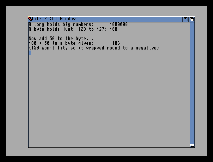 Blitz output showing a long holding 1000000, a byte holding 100, then 100+50 in a byte giving -106.