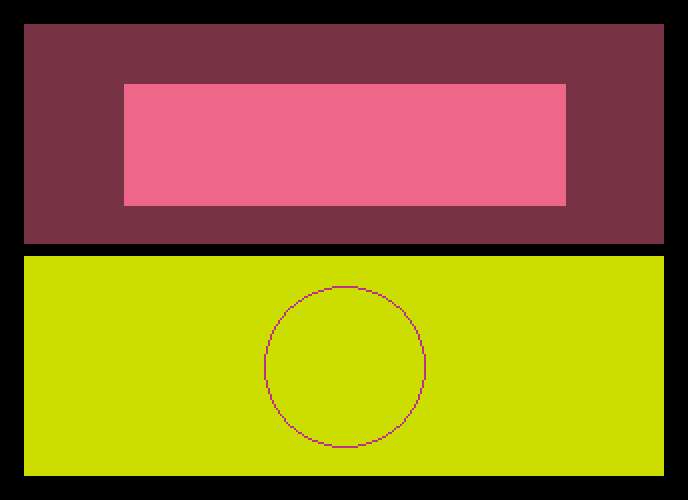 A display split into two bands: a maroon top region with a pink box, and a yellow-green bottom region with a circle.