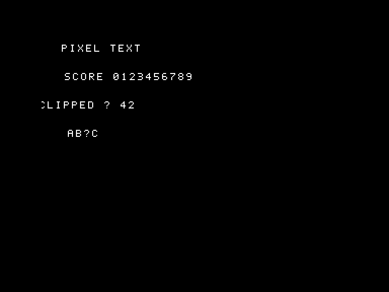 Native Amiga output with the original PIXEL TEXT label, a score, a clipped string and a fallback character