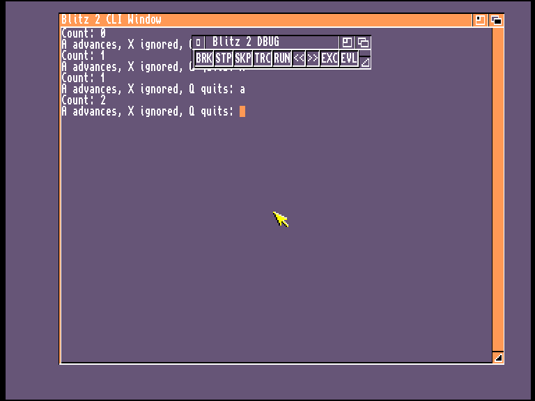 Native Blitz BASIC program showing two accepted A commands with the counter at 2.