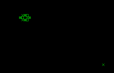 Commodore PET native diagnostic showing a small patterned region, a single-cell redraw and a separate corner tile