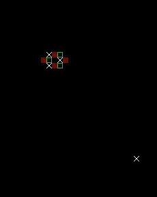 VIC-20 native diagnostic showing a small patterned region, a single-cell redraw and a separate corner tile
