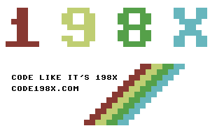 198x in Commodore 64 colours above a diagonal stripe