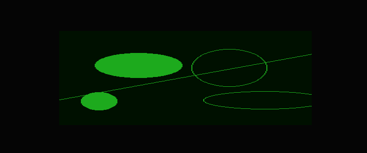 Native Dragon 32 PMODE 4 output with filled and outlined ellipses, a circle, and a clipped diagonal line