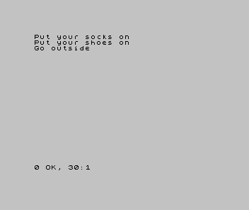 A Spectrum screen showing three lines in order: Put your socks on, Put your shoes on, Go outside.