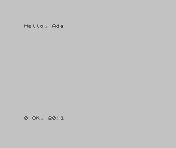 A Spectrum screen showing: Hello, Ada.