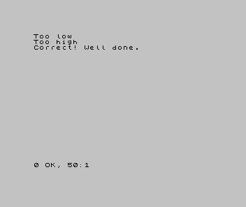 A Spectrum screen showing: Too low, Too high, Correct! Well done.