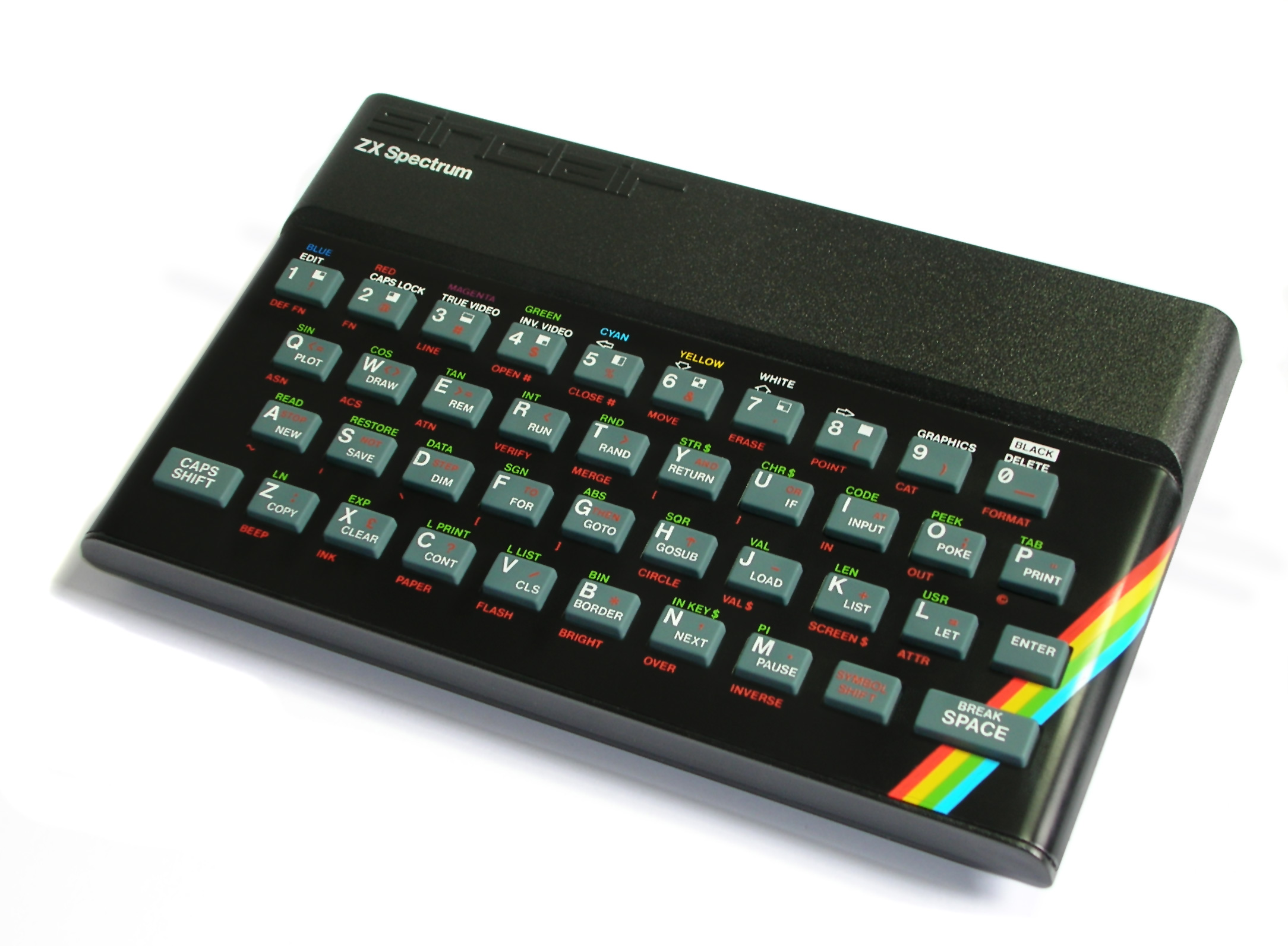 ZX Spectrum 48K with its rubber keyboard and rainbow case stripe