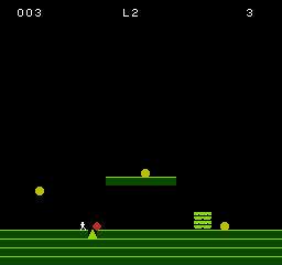 Dash on the NES: a runner on a static screen, a hazard sweeping the road, a brick wall with a coin behind it, and a HUD showing score, level and lives.