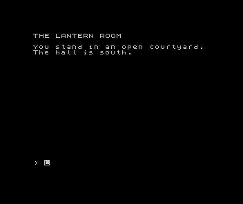 Original three-room adventure running on a Spectrum; the player has reached the courtyard.