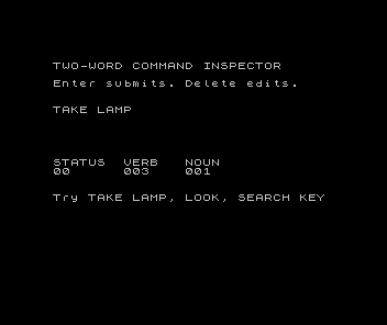 Spectrum command inspector showing TAKE LAMP and its status, verb and noun IDs.