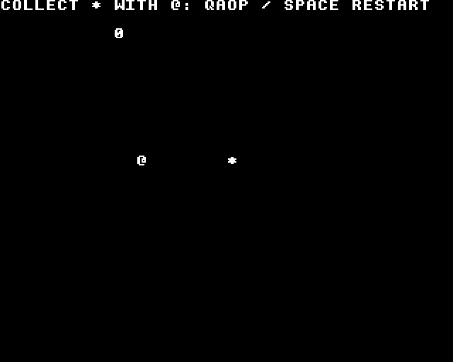 The BBC Micro example at its starting position, with the player, collectible and zero count.