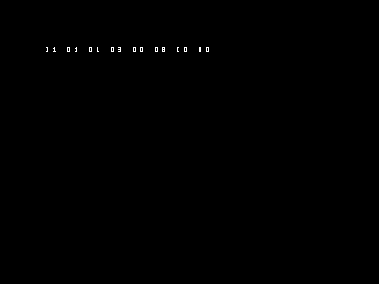 C64 shows the deliberate error row 01 01 01 03 00 08 00 00.