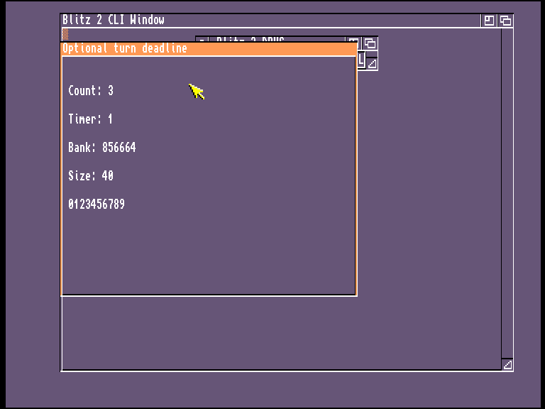 Blitz BASIC shows Count 3 and Timer 1 after two player actions and one automatic turn.