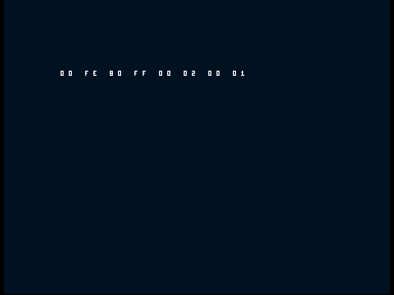 Amiga shows the working diagnostic row 00 FE 80 FF 00 02 00 01.