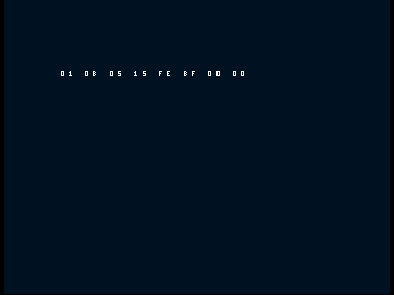 Amiga shows the working diagnostic row 01 0B 05 15 FE BF 00 00.