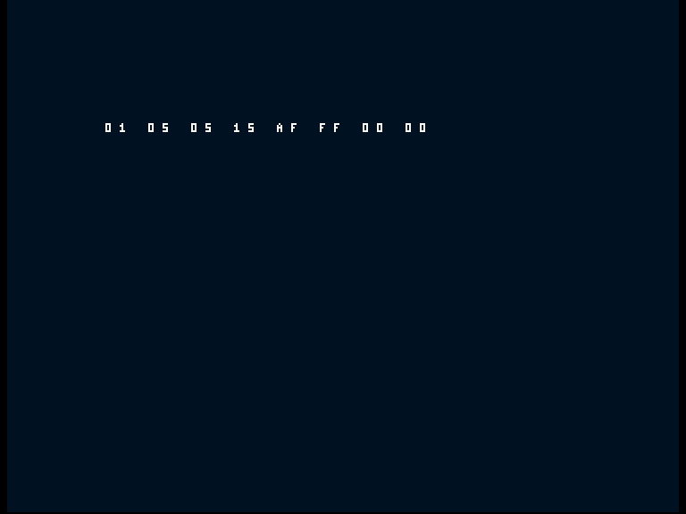 Amiga shows the deliberate error row 01 05 05 15 AF FF 00 00.