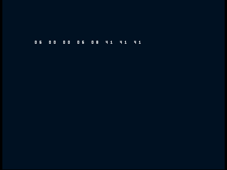 Amiga shows the working diagnostic row 06 00 00 06 08 41 41 41.