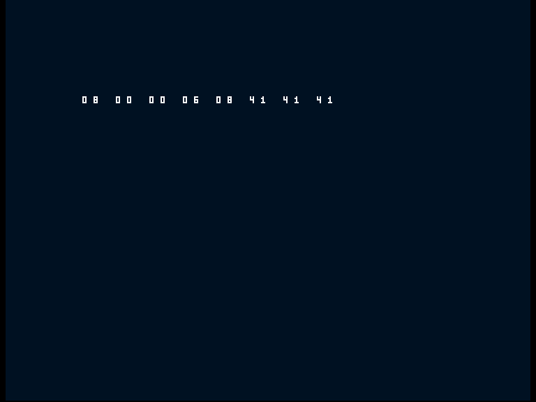 Amiga shows the deliberate fault row 08 00 00 06 08 41 41 41.