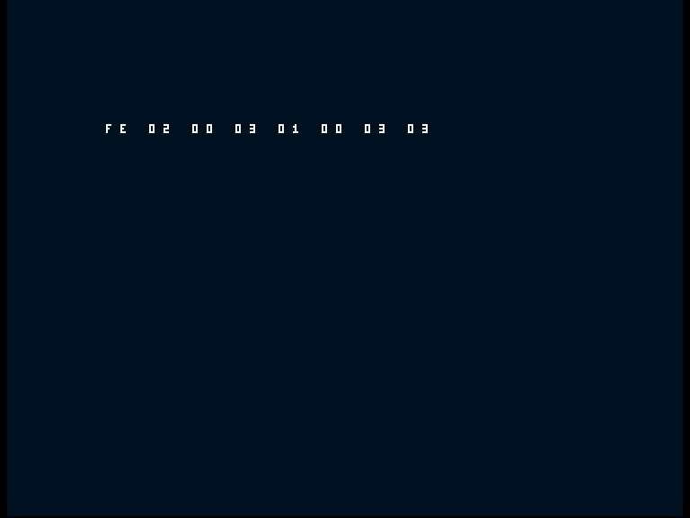 Amiga shows the working diagnostic row FE 02 00 03 01 00 03 03.