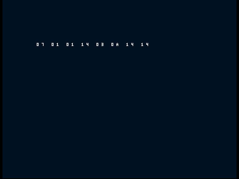 Amiga shows the working diagnostic row 07 01 01 14 03 0A 14 14.
