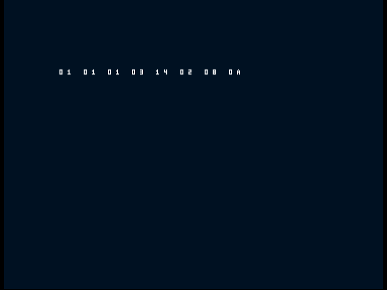 Amiga shows the working diagnostic row 01 01 01 03 14 02 08 0A.