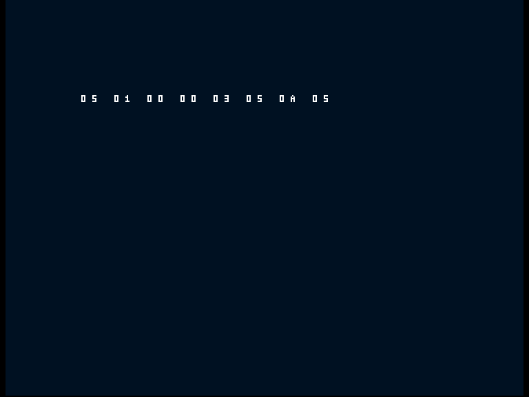 Amiga shows the working diagnostic row 05 01 00 00 03 05 0A 05.