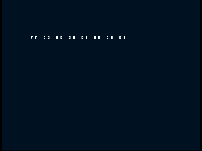 Amiga shows the deliberate error row FF 00 00 00 01 00 02 03.