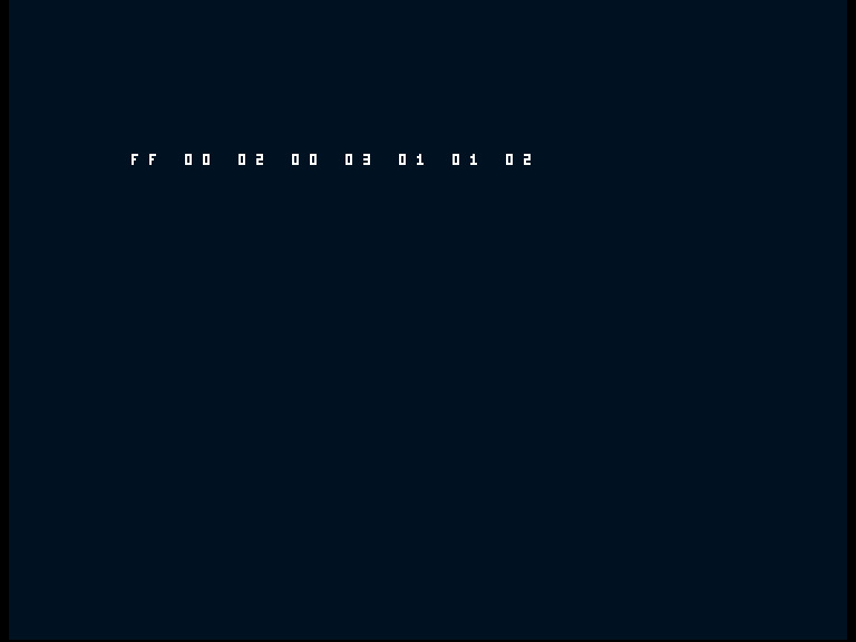 Amiga shows the working diagnostic row FF 00 02 00 03 01 01 02.