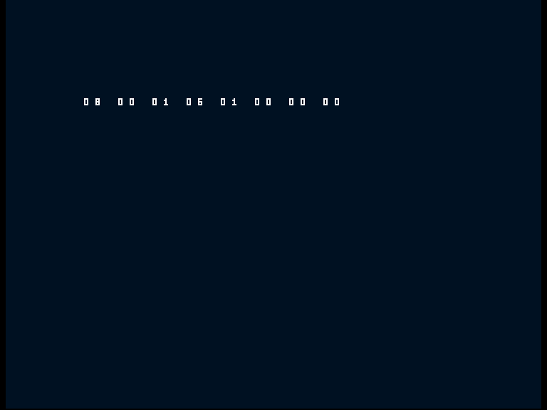 Amiga shows the working diagnostic row 08 00 01 06 01 00 00 00.