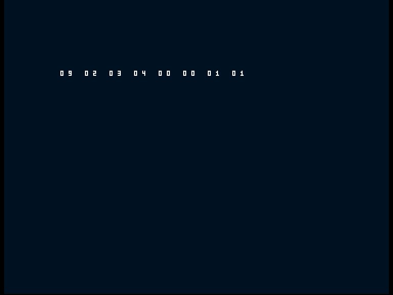 Amiga shows the working diagnostic row 09 02 03 04 00 00 01 01.