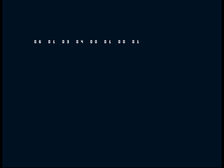 Amiga shows the deliberate error row 06 01 03 04 00 01 00 01.
